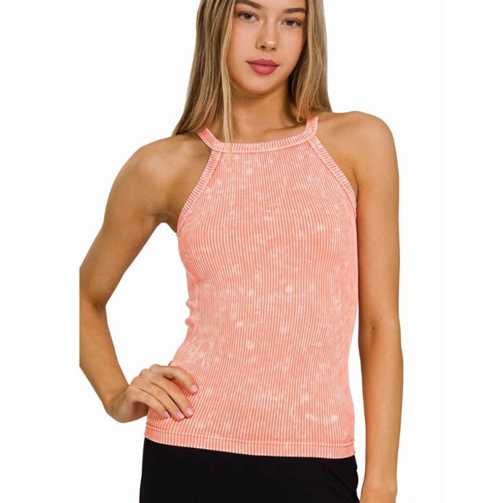 Zenana Ribbed Halter Tank Top Stone Washed Peach Coral L/XL Stretch NWOT